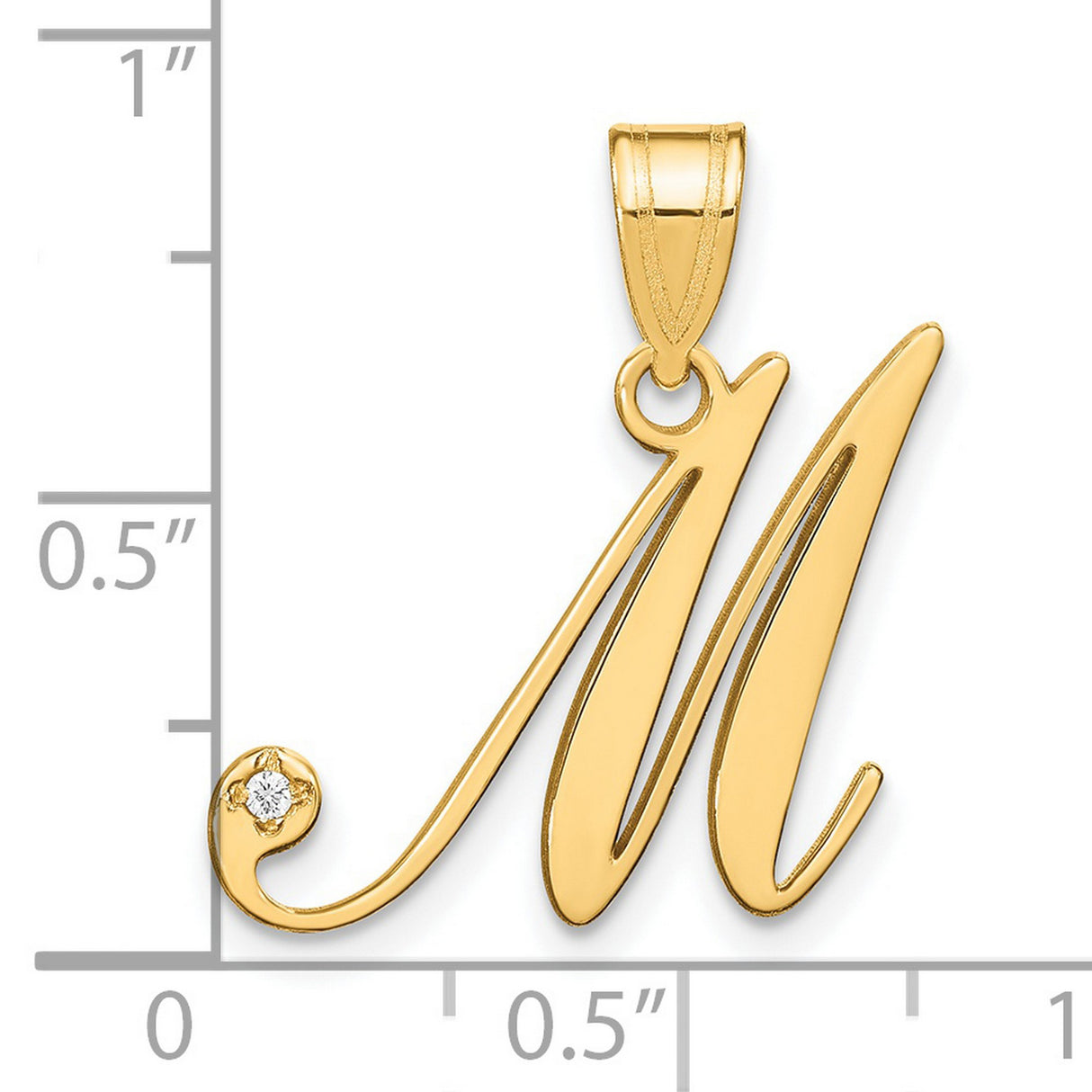 14k Yellow Gold Script M Pendant with Diamond Accent, Cursive Initial Charm for Women