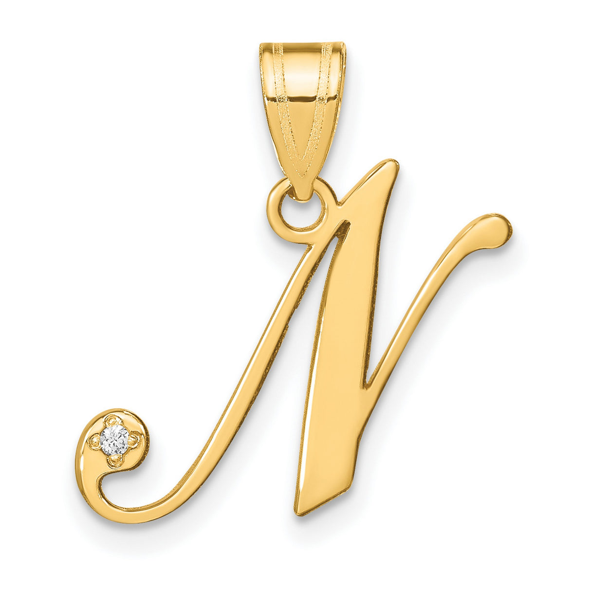 14k Yellow Gold Letter N Pendant with Diamond Accent, Script Initial Charm for Women