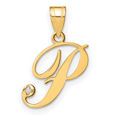 Script Letter P Initial with Diamond Charm Pendant in Real 14k Yellow Gold
