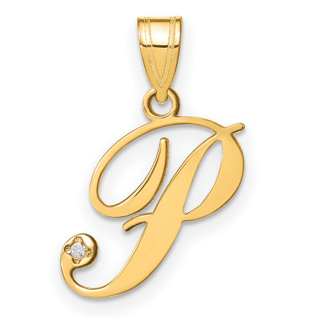 Script Letter P Initial with Diamond Charm Pendant in Real 14k Yellow Gold