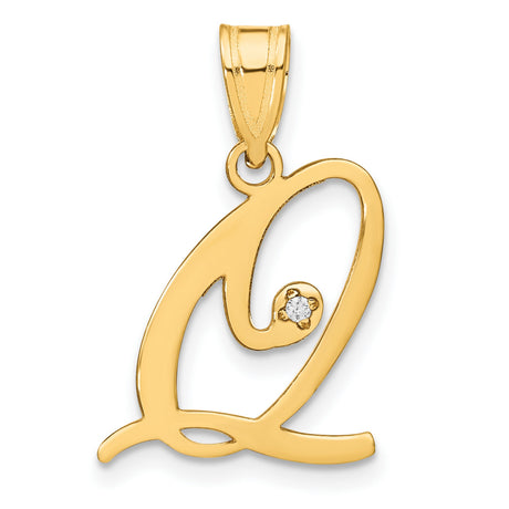 14k Yellow Gold Q Pendant with Diamond Accent, Cursive Letter Charm Necklace for Women