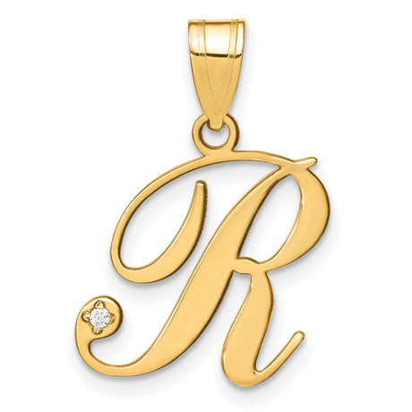 14k Yellow Gold R Initial Pendant with Diamond Accent, Script Letter Charm for Women