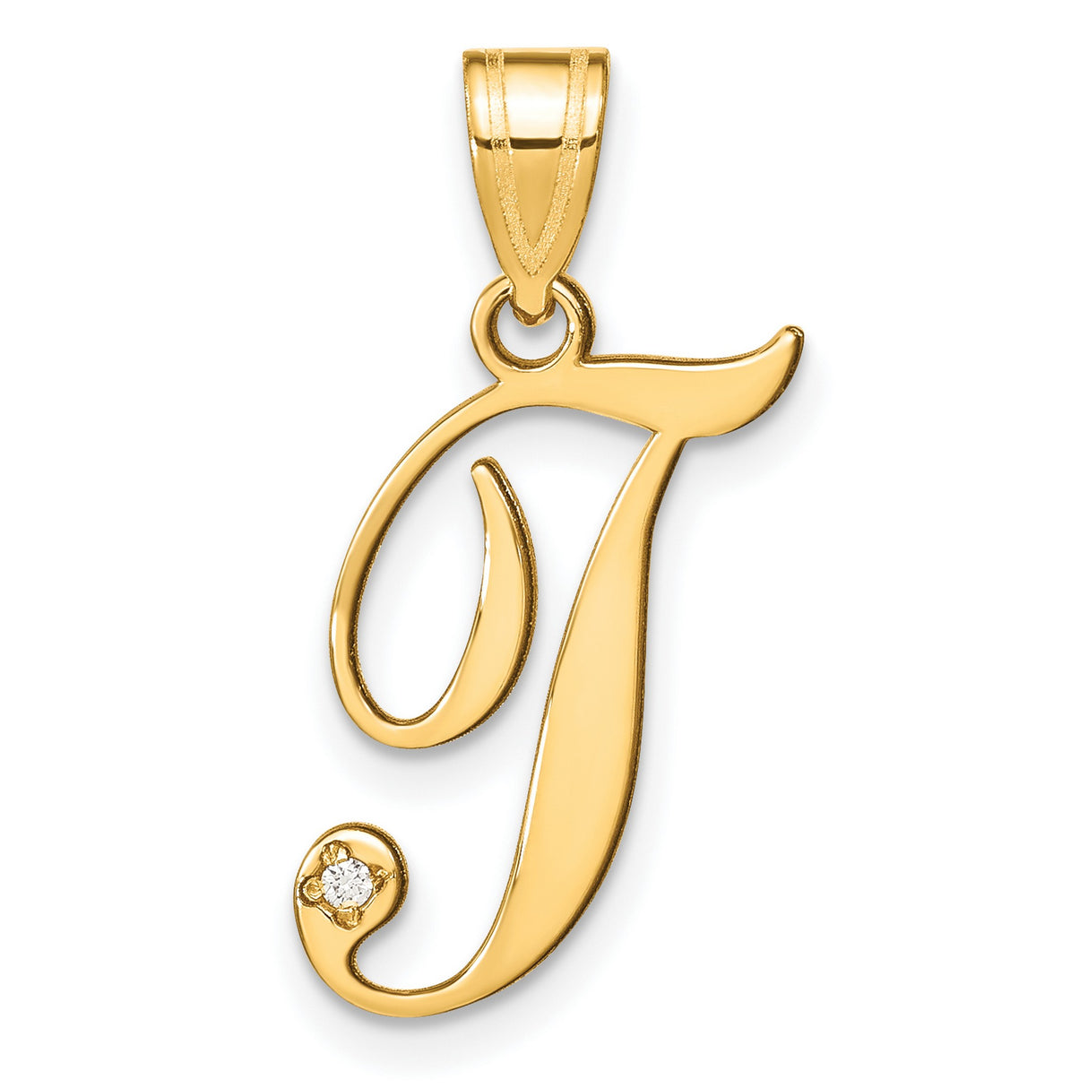14k Yellow Gold Initial J Pendant with Diamond Accent, Cursive Letter Charm for Women