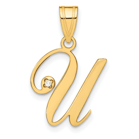 14k Yellow Gold Script Letter U Pendant with Diamond Accent