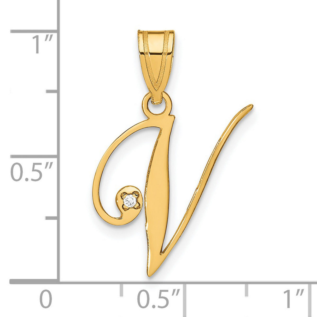 14k Yellow Gold Script V Pendant with Diamond Accent, Flowing Letter Charm for Women