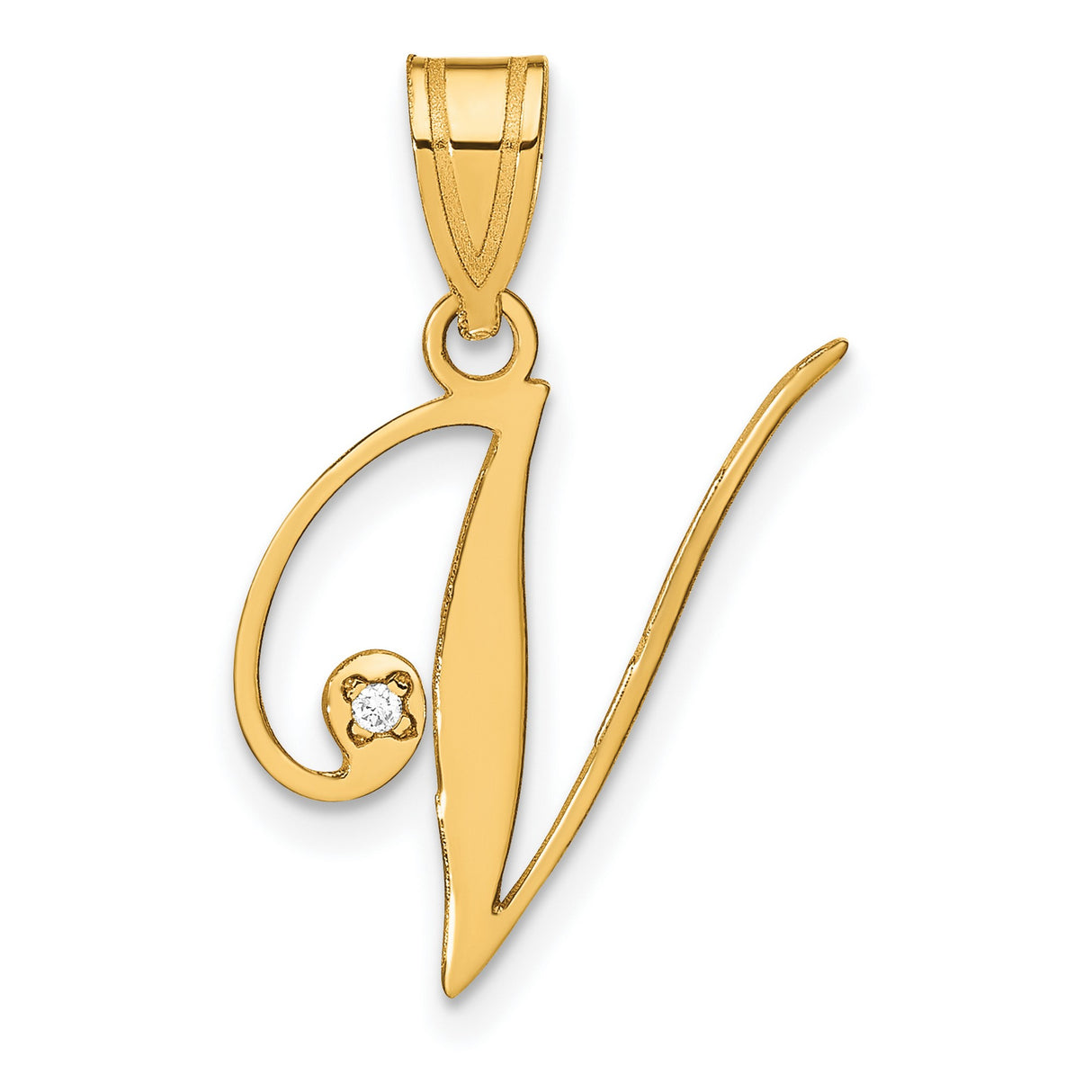 14k Yellow Gold Script V Pendant with Diamond Accent, Flowing Letter Charm for Women