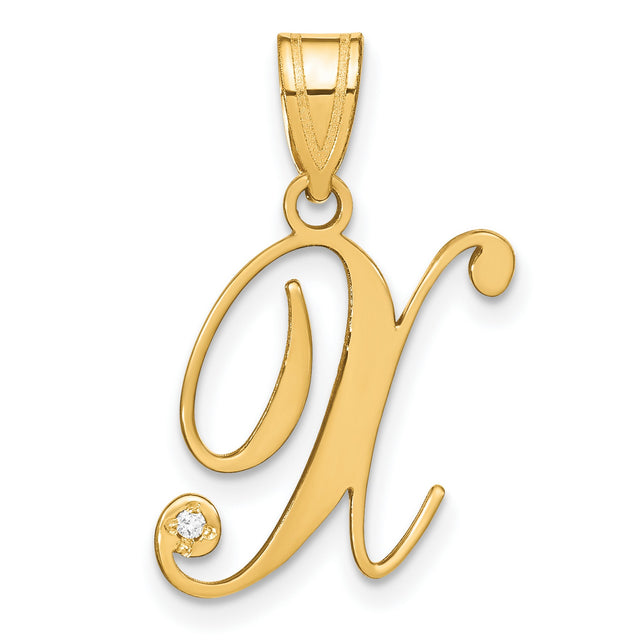 14k Yellow Gold Initial X Pendant with Diamond Accent, Cursive Letter Charm for Women