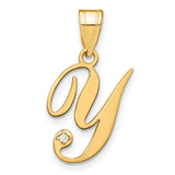 14k Yellow Gold Initial Y Pendant with Diamond Accent, Script Letter Charm for Women