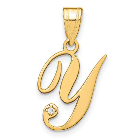 14k Yellow Gold Initial Y Pendant with Diamond Accent, Script Letter Charm for Women