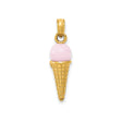 14k Yellow Gold Ice Cream Cone Pendant with Pink Enamel, Fun Dessert Charm for Women or Girls