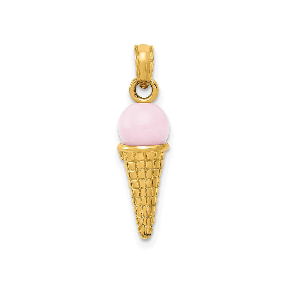 14k Yellow Gold Ice Cream Cone Pendant with Pink Enamel, Fun Dessert Charm for Women or Girls