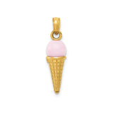 14k Yellow Gold Ice Cream Cone Pendant with Pink Enamel, Fun Dessert Charm for Women or Girls