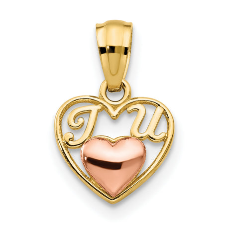 14k Two-Tone Gold Heart Pendant with Rose Gold Accent and I Love You Design
