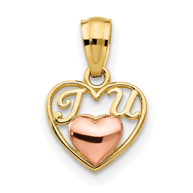 14k Two-Tone Gold Heart Pendant with Rose Gold Accent and I Love You Design