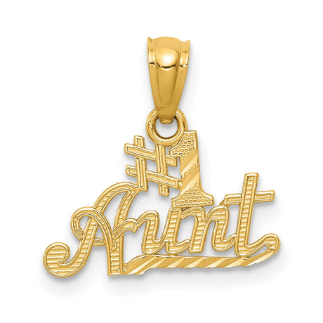 #1 Aunt Words In Cursive Charm Pendant in Real 14k Yellow Gold