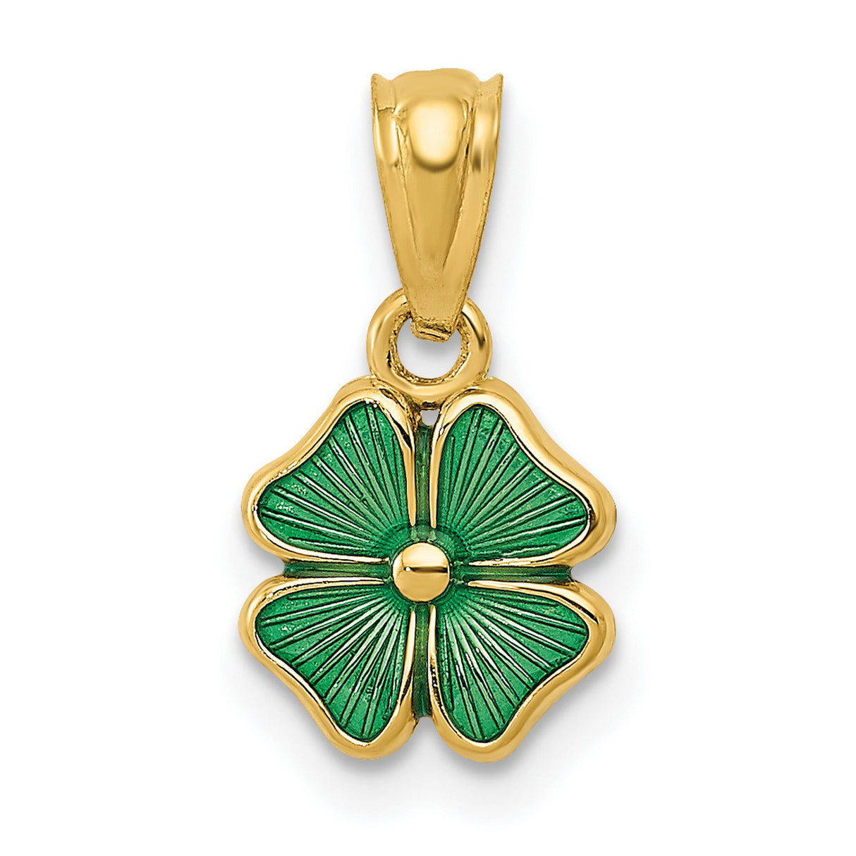 Green Four Leaf Clover Charm Pendant in Real 14k Yellow Gold