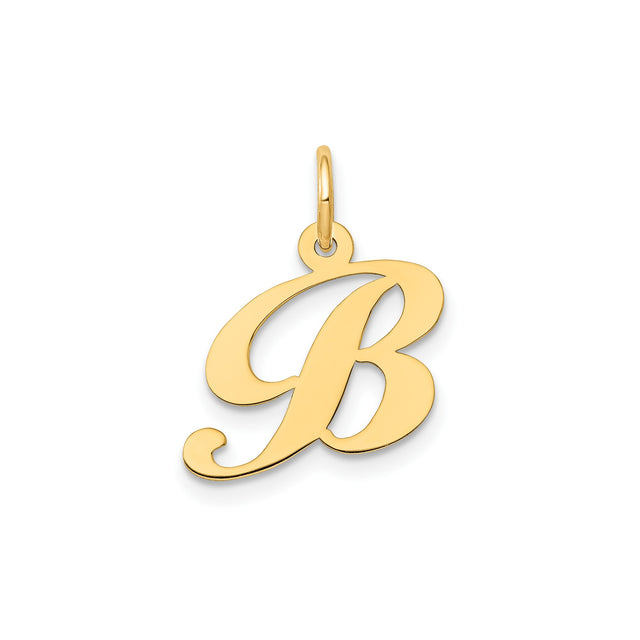 14k Yellow Gold Script Letter B Pendant Charm, Polished Monogram Alphabet Jewelry for Women or Unisex