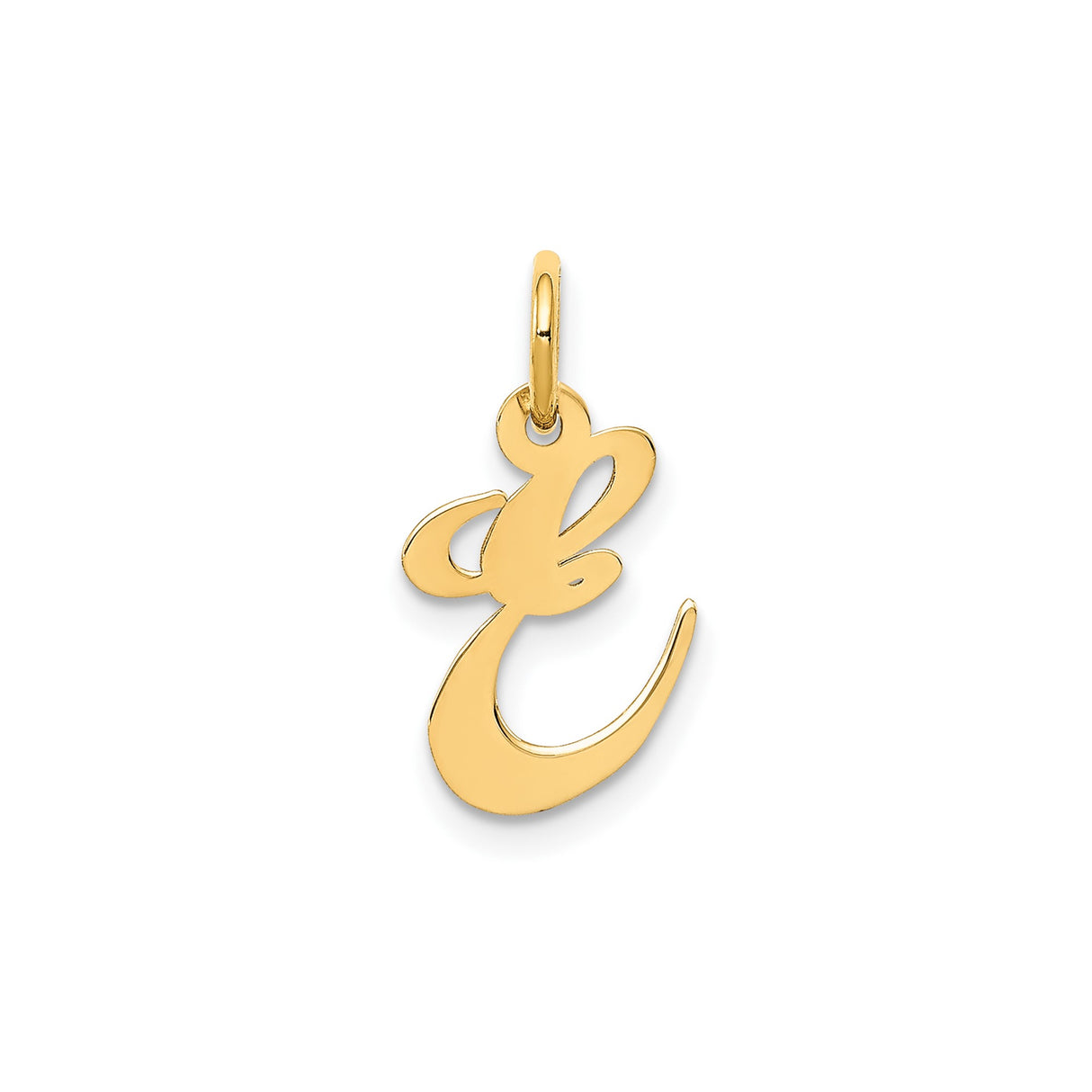 14k Yellow Gold Script Letter E Pendant, Polished Cursive Initial Charm for Women