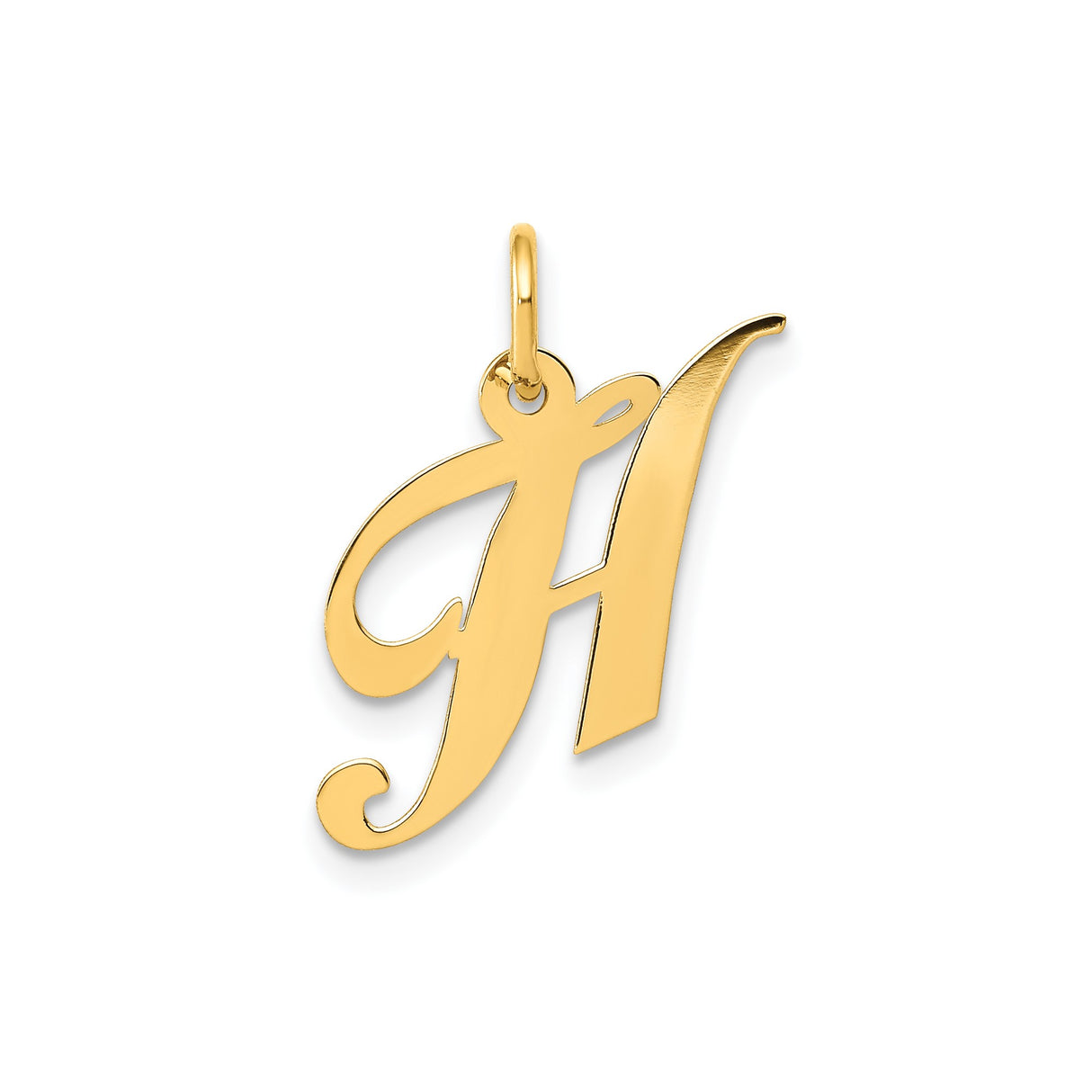 14k Yellow Gold Script Letter H Pendant, Polished Uppercase Initial Charm for Women