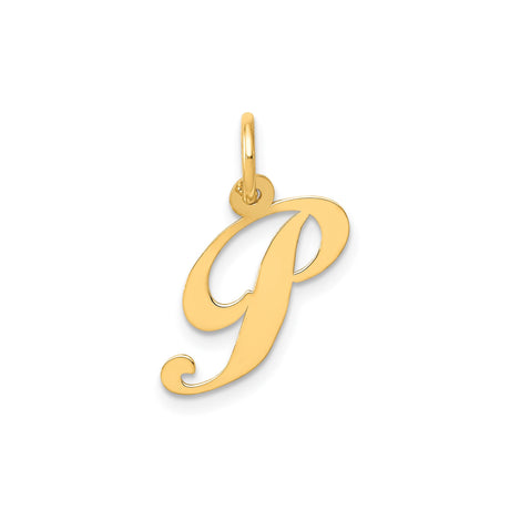 14k Yellow Gold Script Initial P Pendant, Polished Cursive Letter Charm for Women