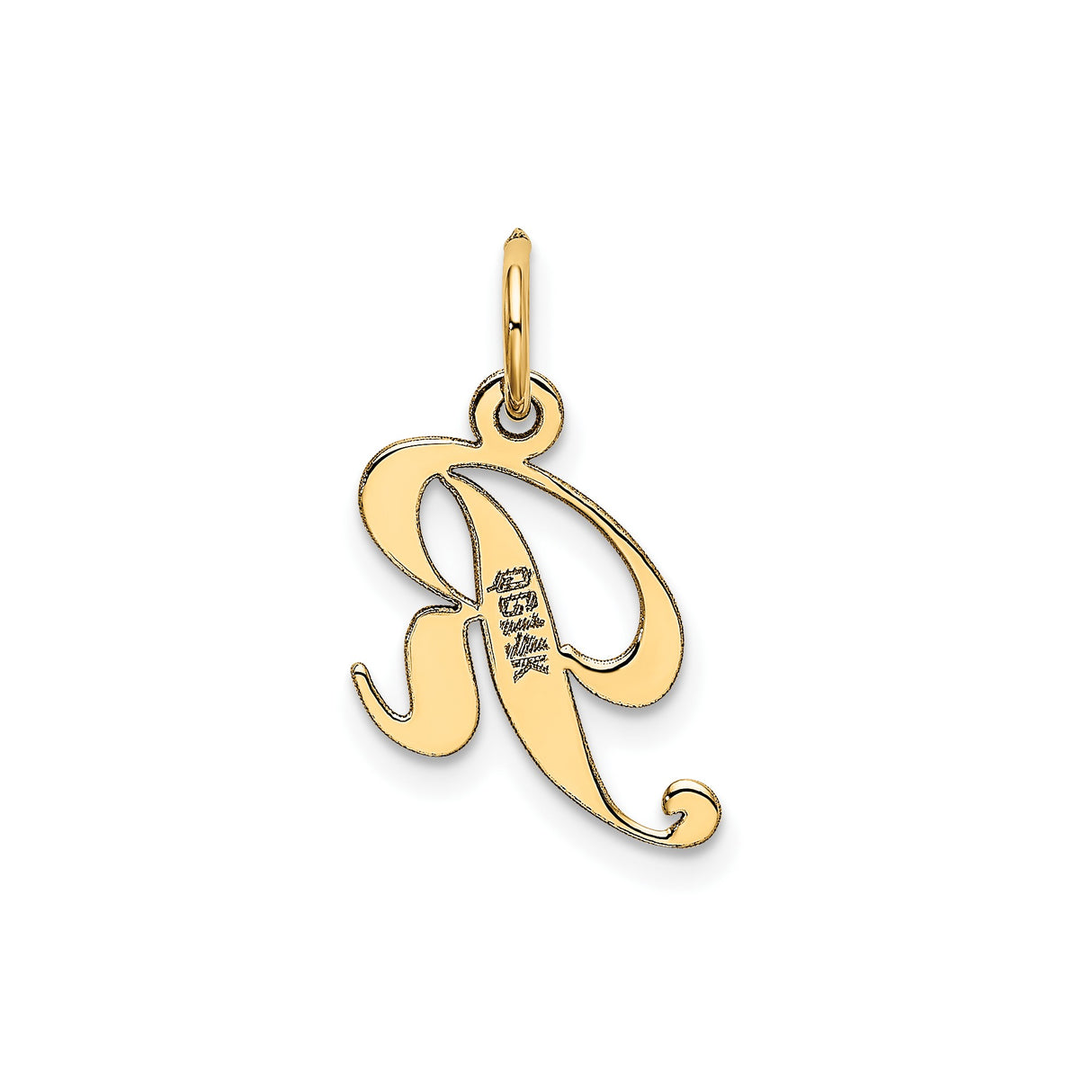 14k Yellow Gold Script R Pendant, Polished Uppercase Initial Charm in Cursive Design