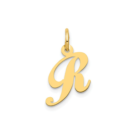 14k Yellow Gold Script R Pendant, Polished Uppercase Initial Charm in Cursive Design