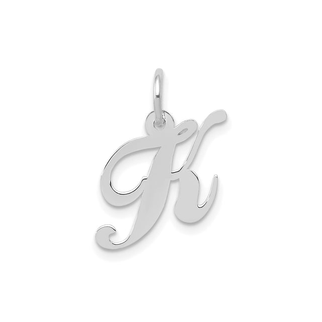14k White Gold Script Initial K Pendant, Polished Cursive Letter Charm for Women