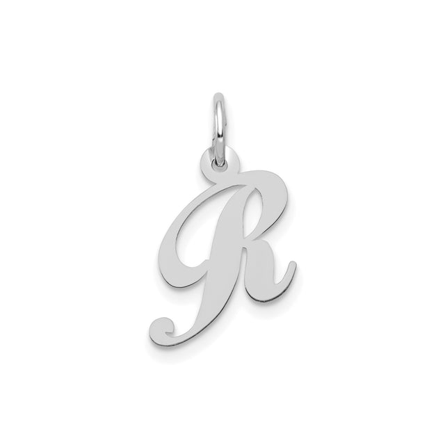 14k White Gold Letter R Pendant Charm, Polished Script Initial Jewelry for Women