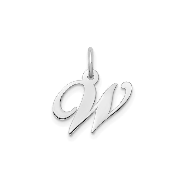 14k White Gold Script Initial W Pendant, Polished Letter Charm for Women