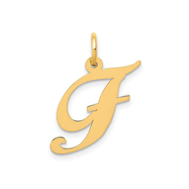 14k Yellow Gold Script F Pendant, Polished Cursive Initial Charm for Women
