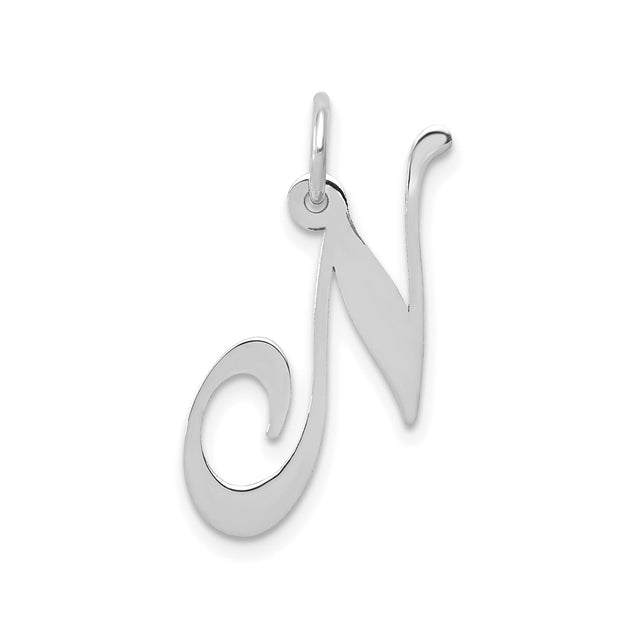14k White Gold Script Initial N Pendant, Polished Capital Letter Charm for Women