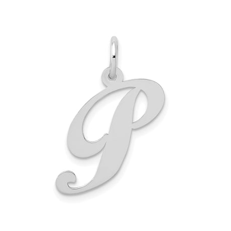 14k White Gold Script Letter P Pendant, Polished Capital Initial Charm for Women