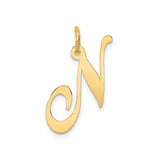 14k Yellow Gold Script Initial Pendant, Polished Cursive Letter N Charm for Women
