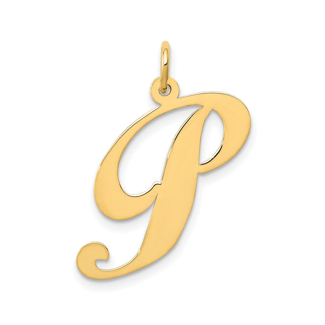 14k Yellow Gold Letter P Script Initial Pendant, Polished Monogram Charm for Women