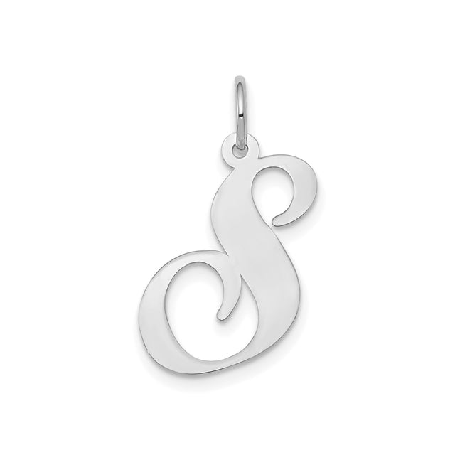 14k White Gold Initial S Pendant, Script Letter Charm with Polished Finish for Women