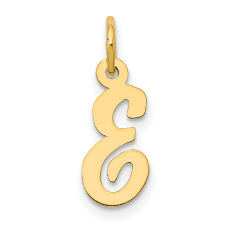 Small Polished Flat Script Upper Case Letter E Initial Charm Pendant in Real 14k Yellow Gold