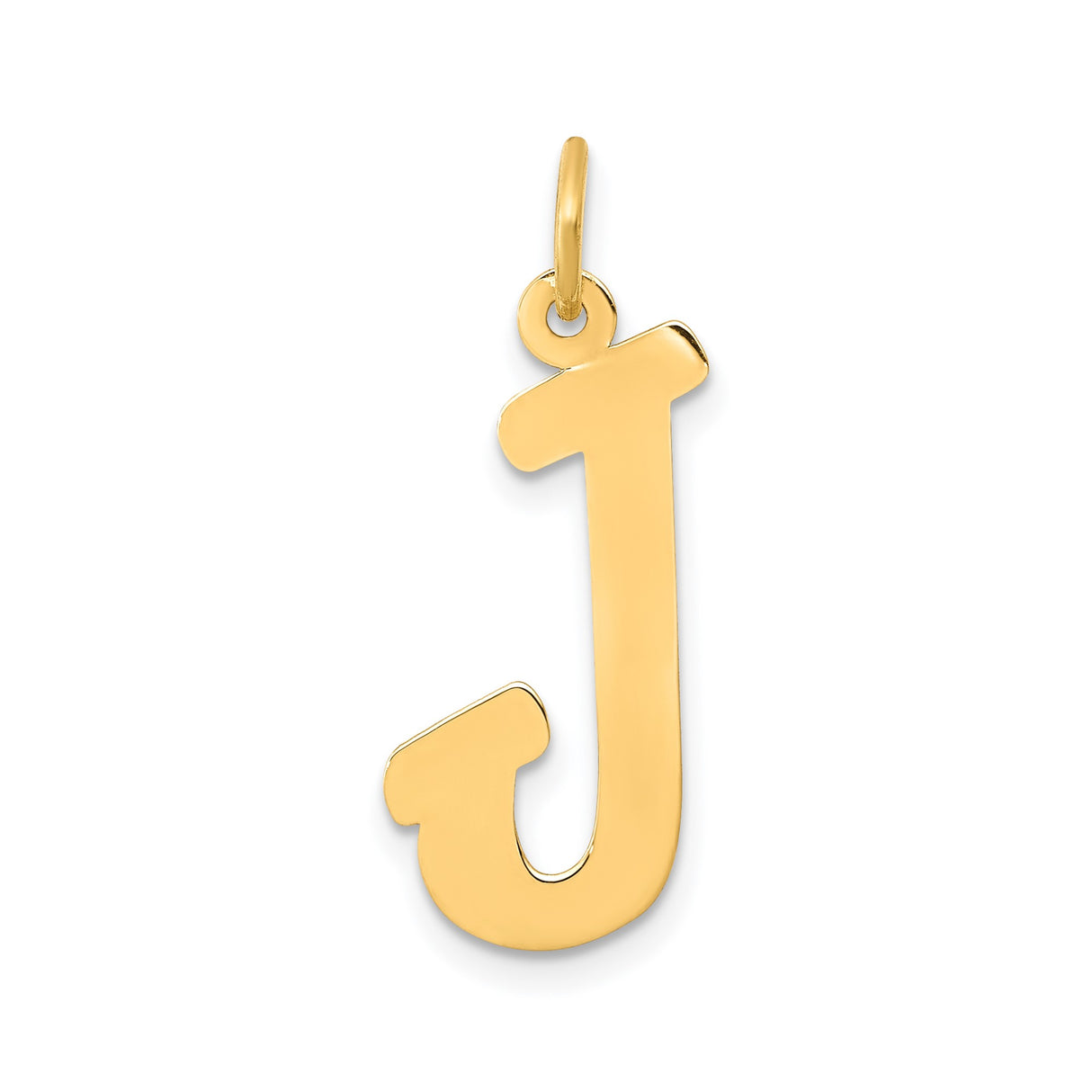 14k Yellow Gold Initial Letter J Pendant, Polished Flat Script Alphabet Charm for Women or Unisex Wearers