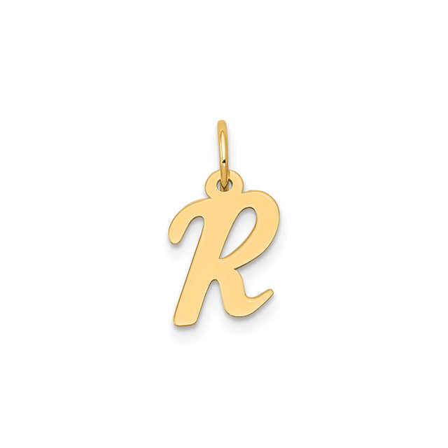 14k Yellow Gold Initial Pendant, Flat Script Letter R Charm, Unisex Monogram Jewelry