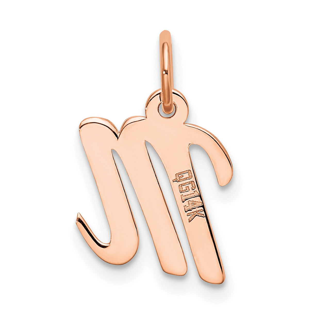 14k Rose Gold Virgo Zodiac Pendant, Script M Initial Charm with Tail Design