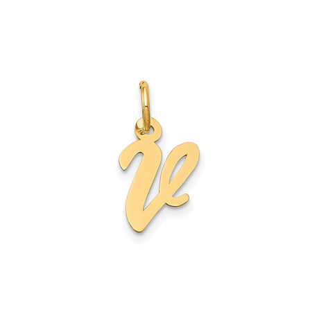 14k Yellow Gold Script Initial V Pendant, Polished Cursive Letter Charm for Women