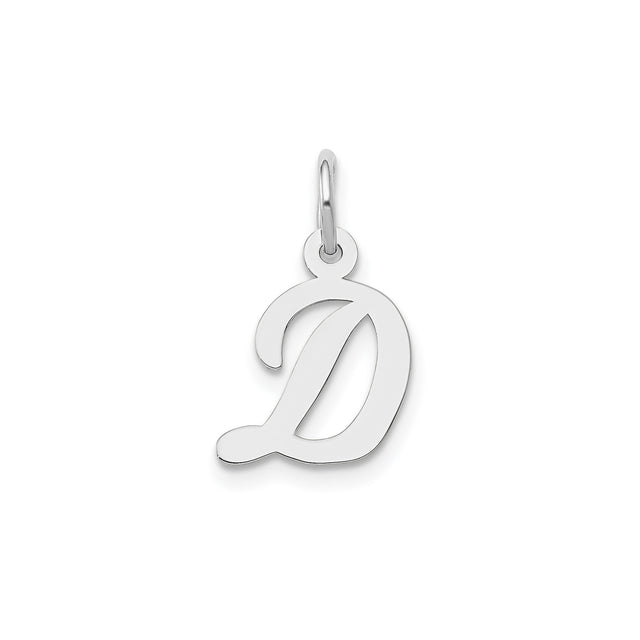 14k White Gold Script Letter D Pendant, Polished Initial Charm with Flat Finish