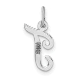 Small Polished Flat Script Upper Case Letter T Initial Charm Pendant in Real 14k White Gold