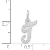 Small Polished Flat Script Upper Case Letter T Initial Charm Pendant in Real 14k White Gold