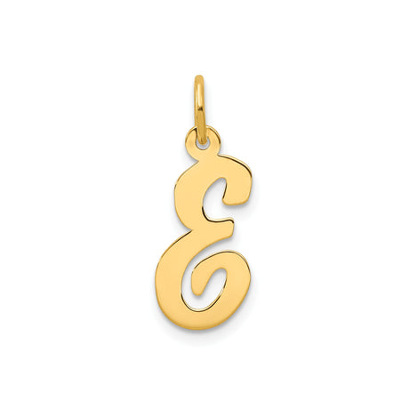 14k Yellow Gold Script Initial Pendant Charm, Uppercase Letter E in Cursive Style