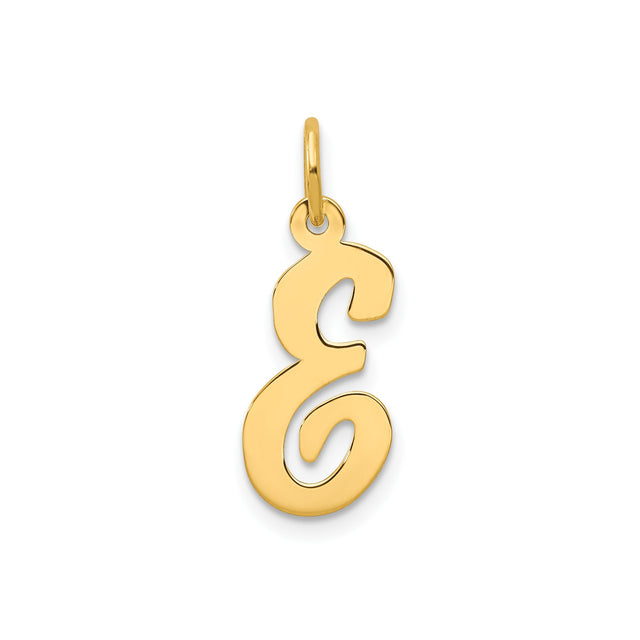 14k Yellow Gold Script Initial Pendant Charm, Uppercase Letter E in Cursive Style