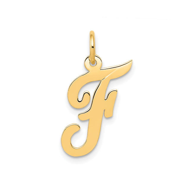 14k Yellow Gold Script Letter F Pendant, Polished Cursive Initial Charm for Women