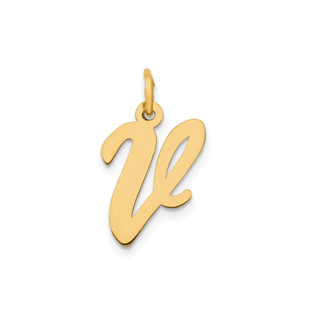 14k Yellow Gold Initial V Pendant, Script Letter Design, Polished Monogram Charm