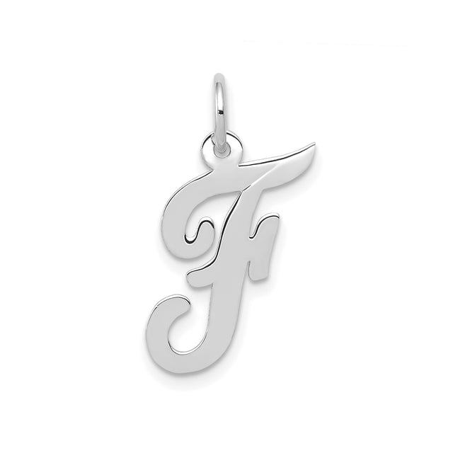 14k White Gold Script Letter F Pendant, Polished Cursive Initial Charm for Women