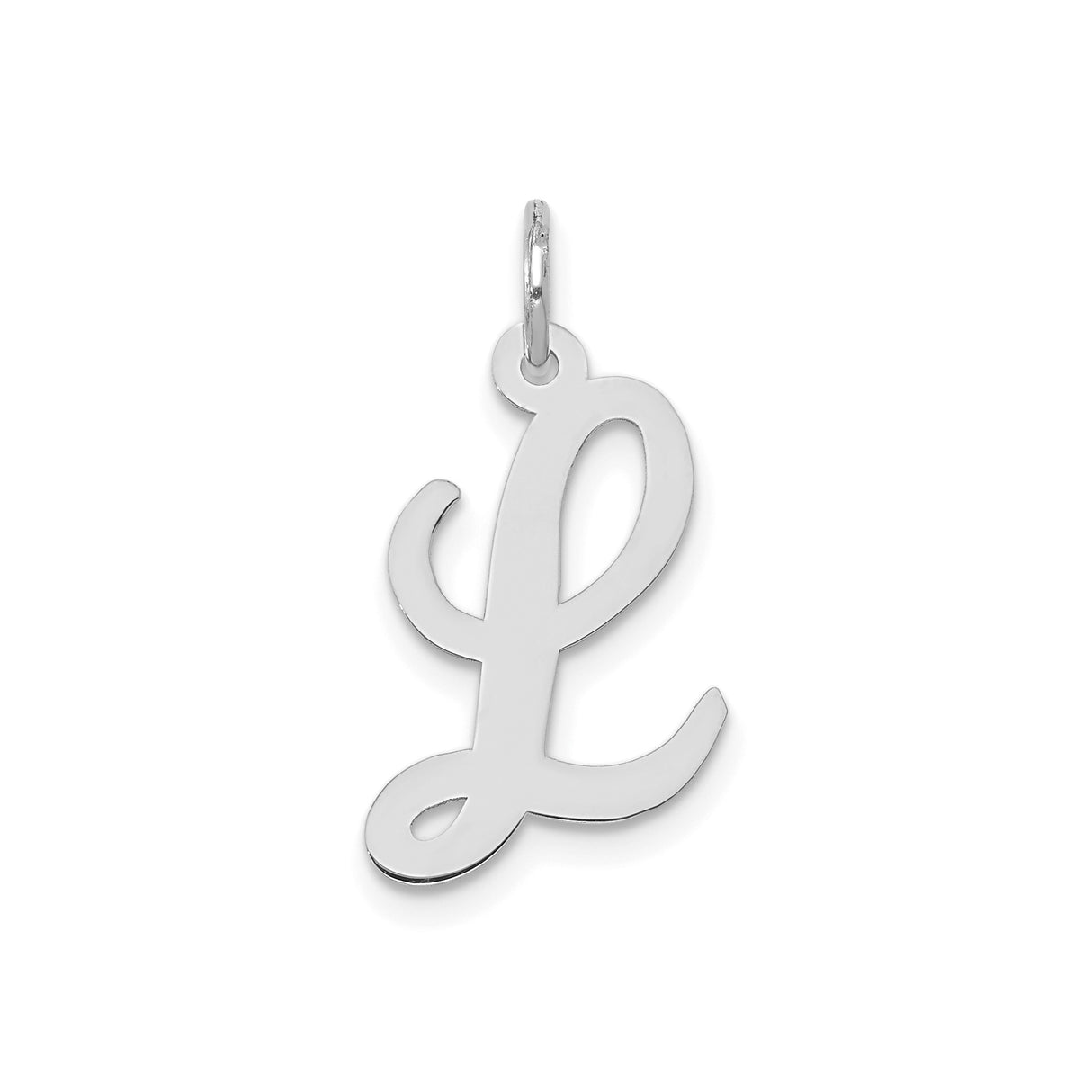 14k White Gold Script L Pendant, Polished Uppercase Initial Charm in Cursive Design