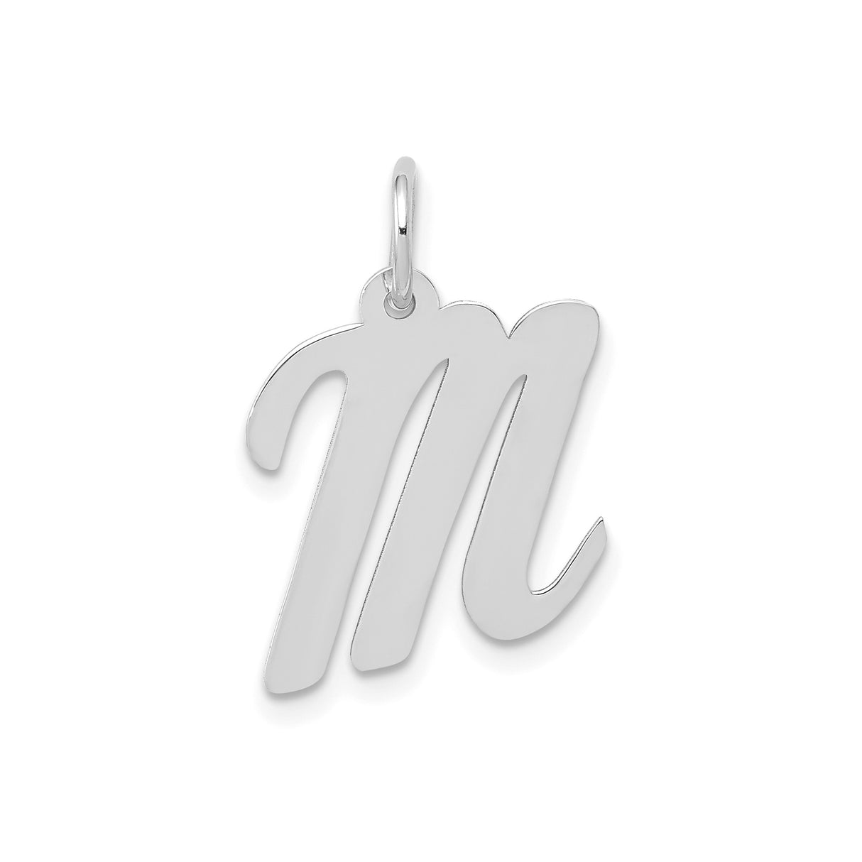 14k White Gold Script M Pendant, Polished Flat Uppercase Letter Charm for Women